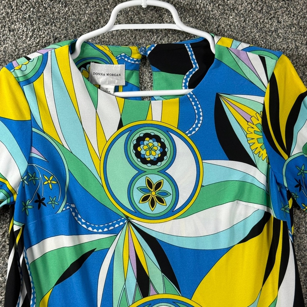 Donna Morgan Womens Blue Yellow Psychedelic Print Jersey Shift Dress Size 10 - Picture 7 of 14